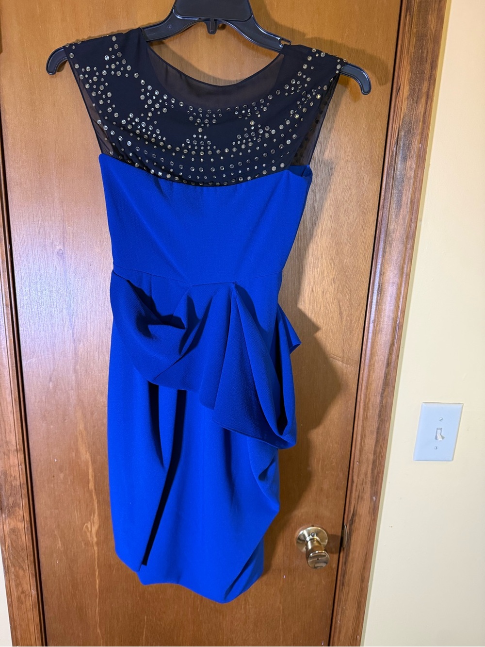 BCBGMaxAzria Royal Blue Sheath Dress with Black Mesh Yoke and Studs